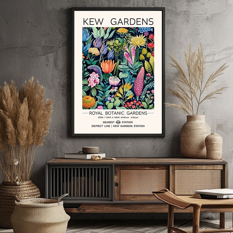 May include: A vintage-style poster advertising Kew Gardens, a Royal Botanic Gardens in London. The poster features a colorful illustration of various flowers and plants, with the text "Kew Gardens" and "Royal Botanic Gardens" in black lettering. The poster also includes information about the gardens' opening hours and the nearest Tube station.