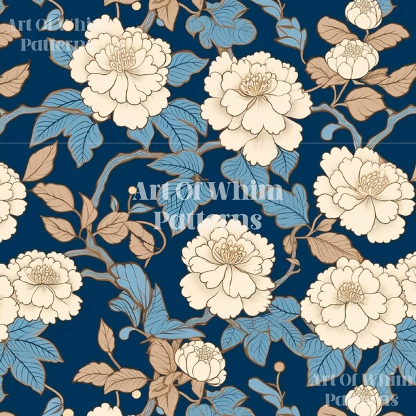 Pattern 16, Blue Japanese Vintage Flower Blossom Design, Elegant, Luxury Seamless Surface Pattern, Blue, Cream, Teal Repeating Pattern