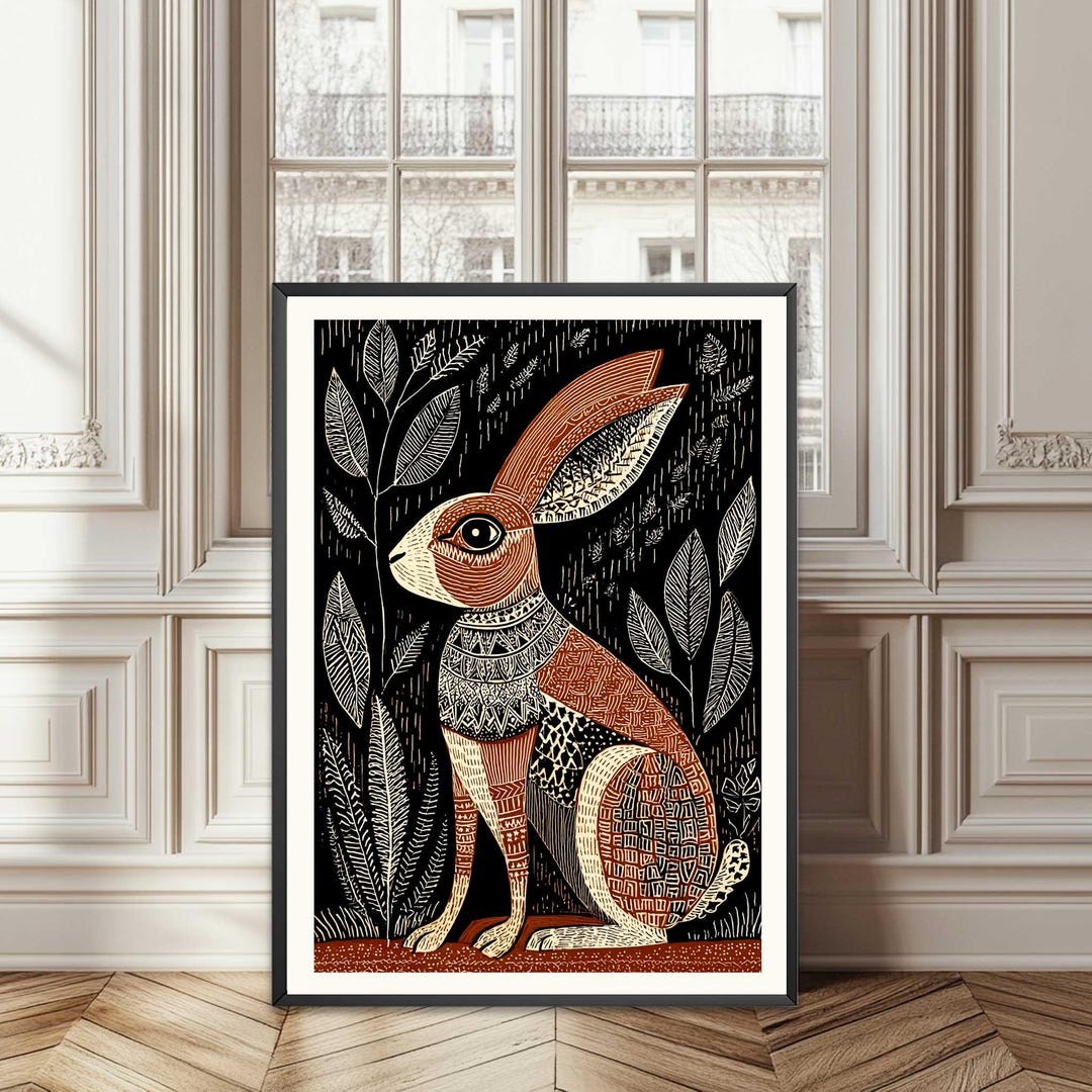 Rabbit Woodcut Print, Scandinavian Folk Animal Wall Art, Black and ...
