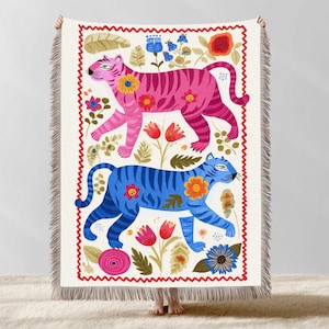 Pink Tiger Throw Blanket, Vintage Cotton Tapestry Throw, Animal Print Blanket, New Home Gifts, Cotton Woven Blanket, Boho Wall Hanging