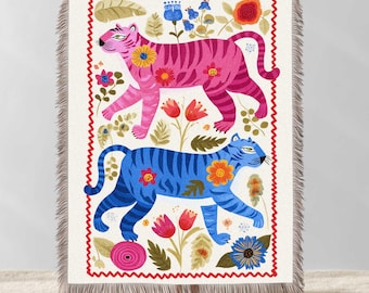 Tiger Blanket, Animal Blankets, Boho 100% Cotton Woven Tapestry Tribal Print Throws