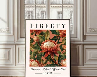 Liberty London Style Print, Waratah Australian Flower Poster, Vintage Botanical Wall Art, London prints