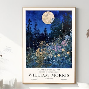 William Morris Moon Print Wildflowers Print Meadow Art Print Celestial Wall Art Woodland Art, Nature Wall Art Moody Landscape Print