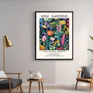 May include: A colorful poster with a floral design and the text "Kew Gardens - Royal Botanic Gardens - Nearest Station - District Line | Kew Gardens Station".