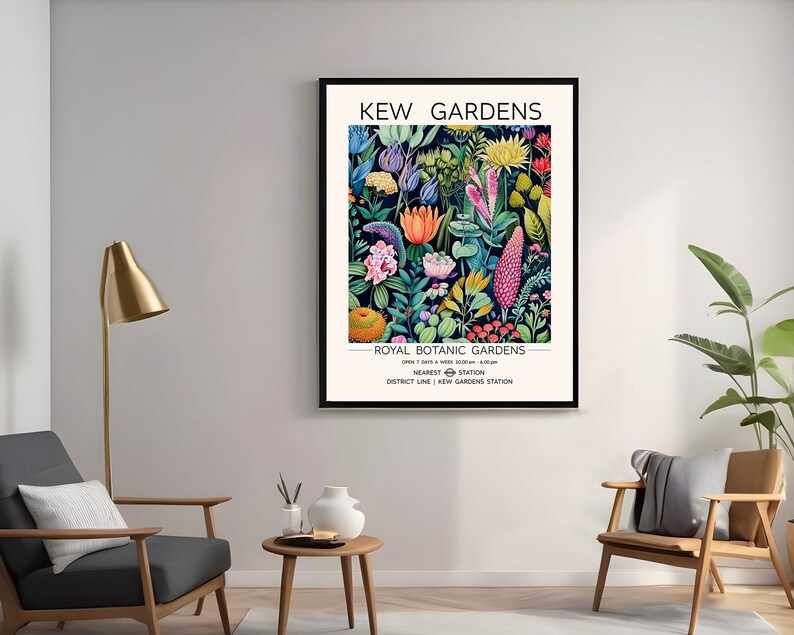 May include: A colorful poster with a floral design and the text "Kew Gardens - Royal Botanic Gardens - Nearest Station - District Line | Kew Gardens Station".