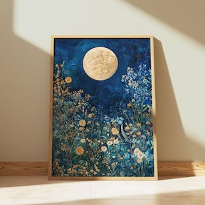 William Morris Moon print wilde bloemen canvas print weide kunst print hemelse muur kunst bos kunst, natuur muur kunst humeurig landschap print