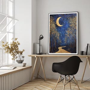 Golden Night Sky Stars Print Vintage Golden Décor Crescent Moon Sun Moon Lover Gift Celestial Wall Art Gothic Dark Cottage core  Print