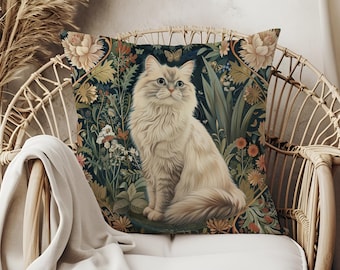 William Morris Style Cat Pillow Cover: Botanical Floral Decor
