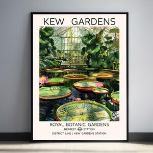 Kew Gardens Print, London, The Waterlily House Kew Gardens Print, Giant Lily Pads Art Print, Vintage Botanical Poster, Living Room Wall Art