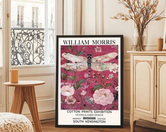 William Morris Print, Dragonfly Wall Art, Pink Floral Print, Vintage Floral Print, Moody Floral Print, Peonies Print, Textile Wall Art