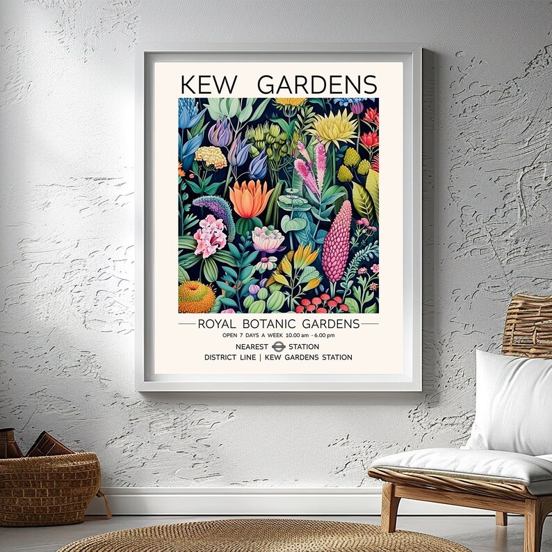 May include: A vintage-style poster advertising Kew Gardens, a Royal Botanic Gardens in London. The poster features a colorful illustration of various flowers and plants, with the text "Kew Gardens" and "Royal Botanic Gardens" in a bold, white font.