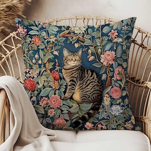 Cat Pillow Cover  William Morris Style Calico Cat Pillow Case Cottagecore Home Decor Cat Lover Gift Botanical Floral Decor Double side print