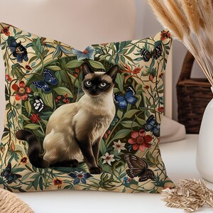 Cat Pillow Cover William Morris Style Siamese Cat Pillow Case Cottagecore Home Decor Cat Lover Gift Botanical Floral Decor Double side print