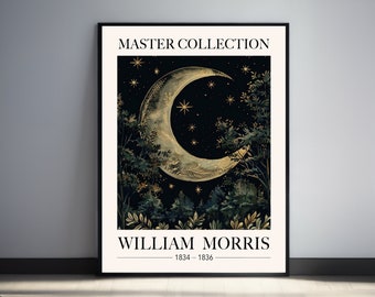 William Morris Moon over Forest Print, William Morris Prints, Woodland Wall Art, Nature Poster Dark Academia Moody Room Decor
