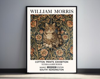 William Morris Cute Cat Print, William Morris Tabby Cat Exhibition Print, Vintage Cat Poster, Floral Botanical Textile Wall Art
