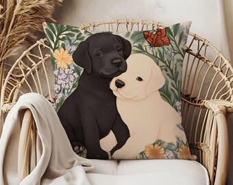 Black & Yellow Labrador Puppy Throw Pillow, Floral Garden Dog Cushion, Retriever Garden Pillow