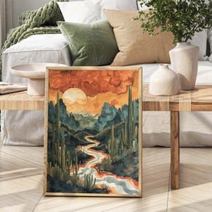 Western Desert Landscape Print, Matte Finish Print, Texas Vintage Desert Botanical Wall Decor, Texas Desert Sunset Big Bend Watercolor Art