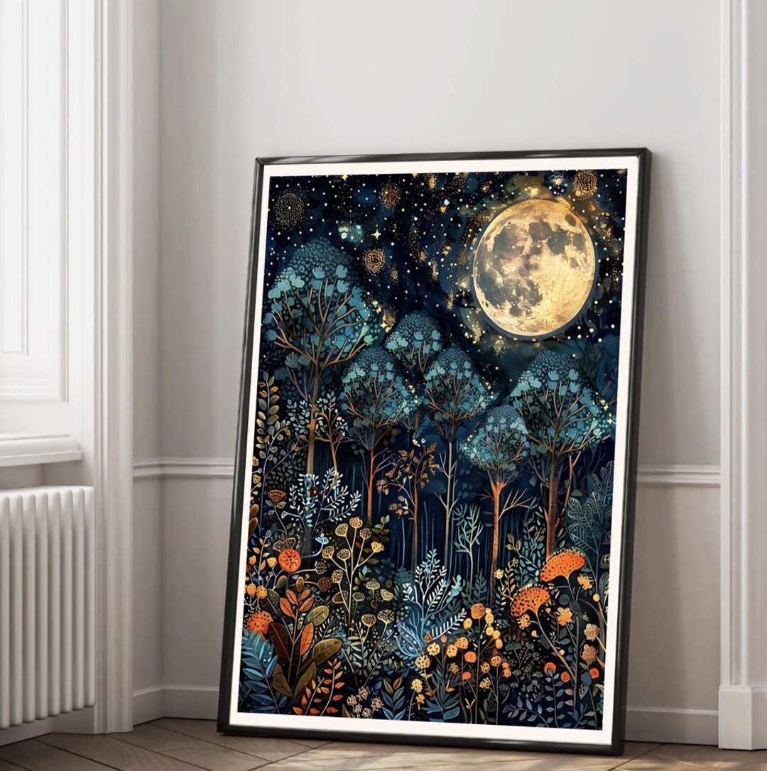 William Morris Style Full Moon Poster, Dark Forest Print, Woodland Wall ...