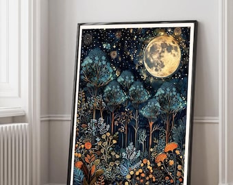 William Morris Style Full Moon Poster, Dark Forest Print, Woodland Wall Art, Botanical Nature Dark Academia Decor for Bedroom, Living room