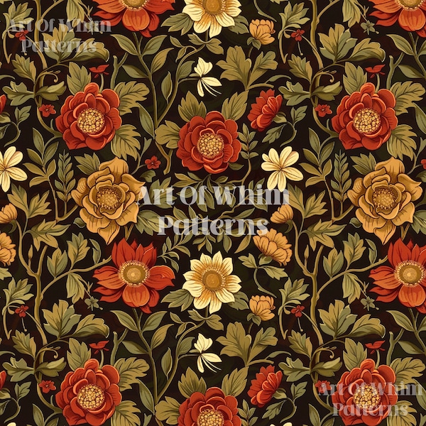 Pattern 10, Beautiful Elegant, William Morris Inspired Luxury Seamless Surface Pattern,Floral  Repeating Pattern, Cream, Green, Red, Green