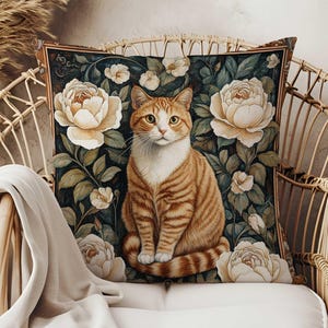 Pillow Cover Cat Print William Morris Style Calico Cat Pillow Case Cottagecore Decor Cat Lover Gifts Botanical Cat  White Roses Print Pillow