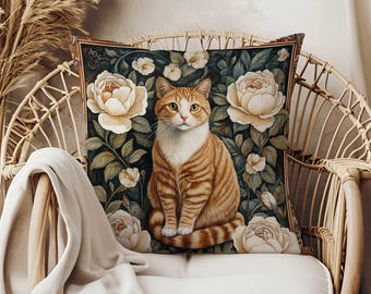 Cat Pillow Cover: William Morris Style, Calico Cat & Roses Print