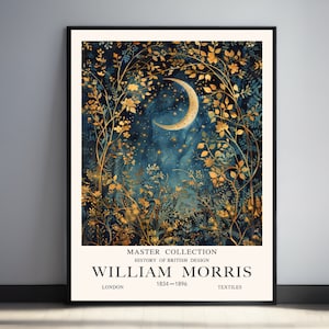 William Morris  Print, Moon Wall Art, Crescent  Moon Print, Celestial  Wall Art, Night Sky Painting, Gothic Wall Art, Moon Forest Print