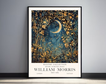 William Morris  Print, Moon Wall Art, Crescent  Moon Print, Celestial  Wall Art, Night Sky Painting, Gothic Wall Art, Moon Forest Print