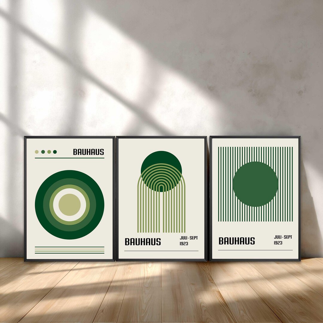 Mid Century Green Bauhaus Poster Set of 3, 70s Geometrical Wall Art ...