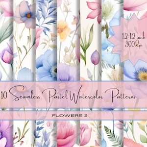 10 Seamless Pastel Watercolor Flower Patterns 3, Digital Download, Commercial use