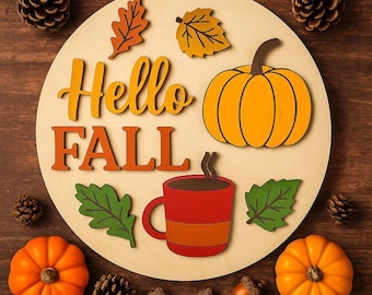 Cartello in legno con scritta "Ciao autunno", tazza da caffè con zucca, decorazione da parete autunnale