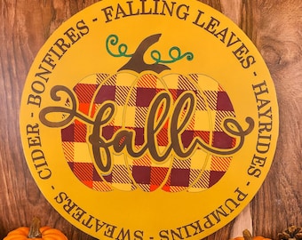 Buffalo Plaid Pumpkin Fall Sign Rustic Round Wooden Autumn Wall Décor