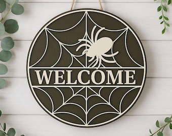 Spider Web Welcome Sign: Layered Wood Gothic Halloween Decor