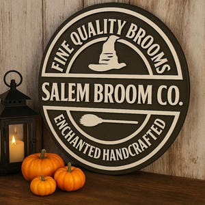 Salem Broom Co. Halloween Sign: Layered Witch Broom Shop Decor