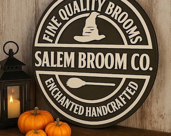 Salem Broom Co. Halloween Sign: Layered Witch Broom Shop Decor