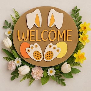 Easter Bunny Welcome Sign - Spring Door Hanger - Wooden Farmhouse Decor - Handmade Bunny Wall Art