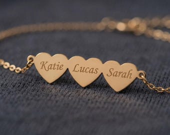 Heart Name Bracelet Personalized Family Name Bracelet Multiple Tiny Heart Charm Kids Name Jewelry Engraved Heart Bracelet Mother's Day Gifts