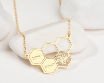 Personalized Honeycomb Necklace  Bee Jewelry, Hexagon Charm, Honey Bee Pendant, Beekeeper Gift, Bee Lover Gift For Her