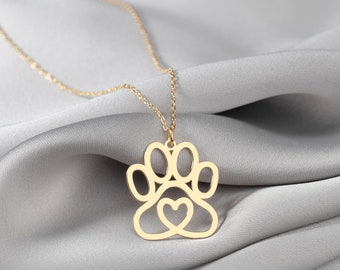 Paw Print and Heart Necklace, Paw Print Pendant, Tiny Paw Print Necklace - Cat Dog Lovers Jewelry Pet Memorial Necklace Pet Jewelry