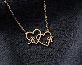 Double Initial Necklace Heart Shape Letter Necklace Custom Initial Pendant Dainty Heart Charm Couple Necklace Interlocking Heart Necklace