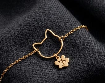 Cat Outline Bracelet Personalized Paw Initial Bracelet Minimalist Cat Lover Jewelry Custom Pet Bracelet Dainty Animal Gift Cat Mom Bracelet