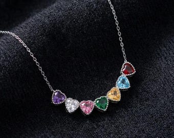 Custom Heart Shaped Birthstone Necklace Family Birthstone Jewelry Birthstone Matching Pendant Multiple Heart Charm Love Necklace Mama Gifts