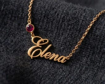 Personalized Name Necklace with Birthstone Signature Name Necklace Custom Nameplate Necklace Tiny Birthstone Charm Dainty Birthday Jewelry