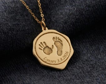 Personalized Footprint Necklace with Name Dainty Signet Necklace Custom Handprint Pendant Seal Necklace Baby Shower Necklace New Mom Gifts