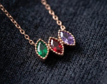 Multi Birthstone Necklace Personalized Family Birthstone Necklace Dainty Leaf Birthstone Charm Custom Marquise Cut Stone Necklace Mama Gifts