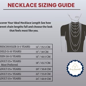 May include: Necklace sizing guide with a chart showing necklace lengths for different age groups, from preschooler to adult. Includes measurements in inches and centimeters, with a silhouette of a person wearing necklaces of various lengths.