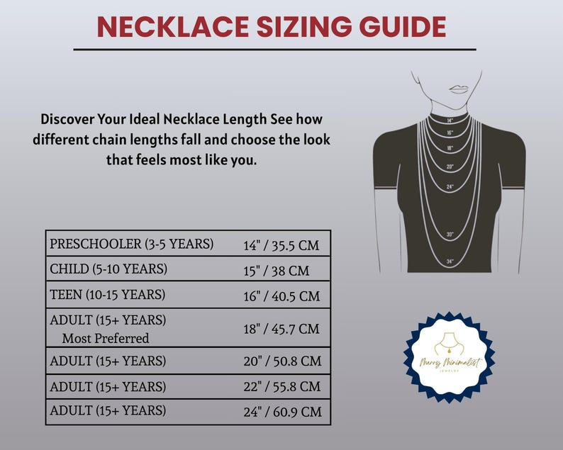 May include: Necklace sizing guide with a chart showing necklace lengths for different age groups, from preschooler to adult. Includes measurements in inches and centimeters, with a silhouette of a person wearing necklaces of various lengths.
