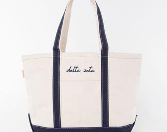 Delta Zeta Embroidered Freehand Canvas Tote Bag | Personalized Sorority Name Bag | Greek Basket | Big and Little Gift | Chapter Merch