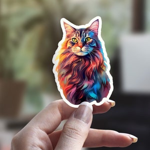 Autocollant coloré de chat Maine Coon, autocollant de chat moelleux, autocollant de chat mignon, autocollant de personne de chat, autocollant d’animal de compagnie, autocollant d’ordinateur portable, autocollant de bouteille d’eau