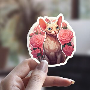Sphynx Katzenaufkleber, Blumenkatzenaufkleber, niedlicher Katzenaufkleber, Katzenpersonaufkleber, Haustieraufkleber, Laptopaufkleber, Wasserflaschenaufkleber
